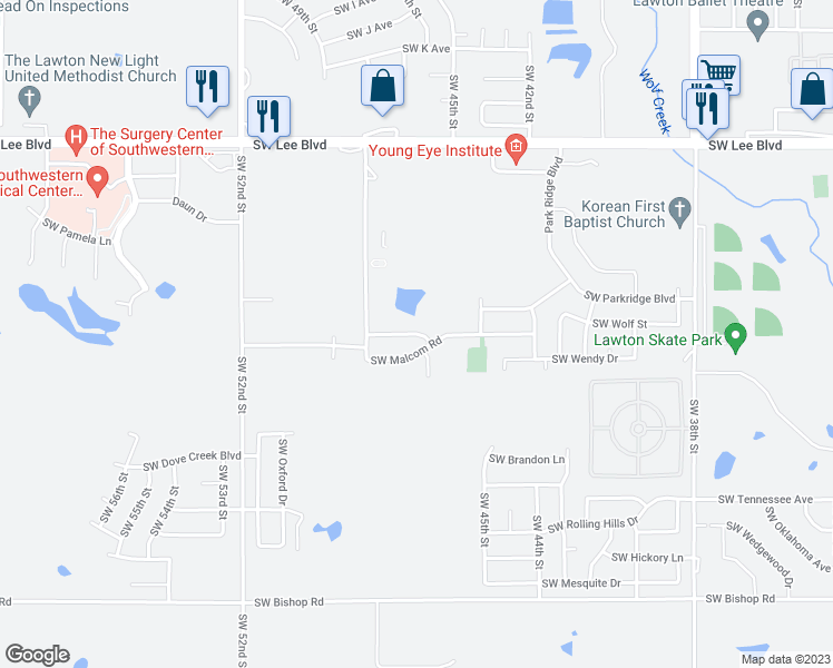 map of restaurants, bars, coffee shops, grocery stores, and more near 4802 Southwest Waterstone Place in Lawton