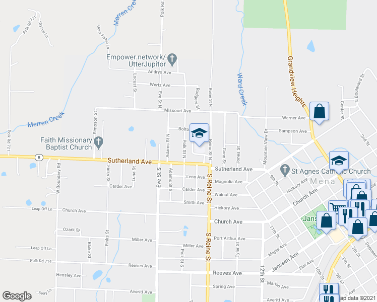 map of restaurants, bars, coffee shops, grocery stores, and more near 111 Polk Street South in Mena