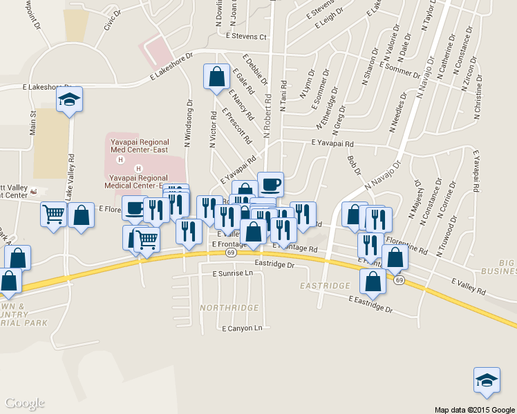 map of restaurants, bars, coffee shops, grocery stores, and more near 3130 North Robert Road in Prescott Valley