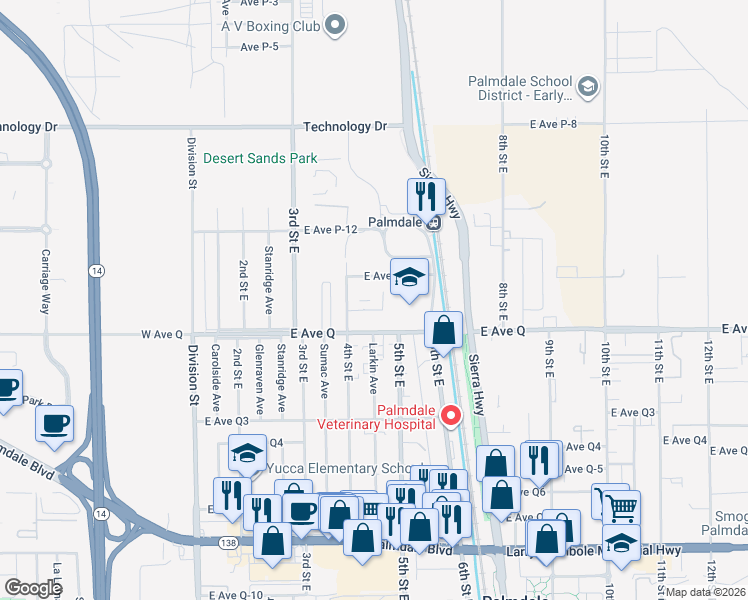 map of restaurants, bars, coffee shops, grocery stores, and more near 38832 4th Street East in Palmdale