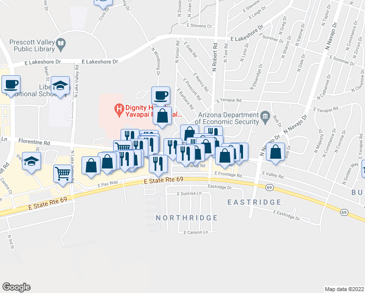 map of restaurants, bars, coffee shops, grocery stores, and more near 8087 East Rosalie Road in Prescott Valley