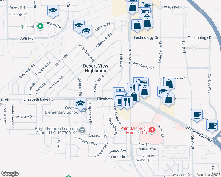 map of restaurants, bars, coffee shops, grocery stores, and more near 1127 West Avenue P-14 in Palmdale