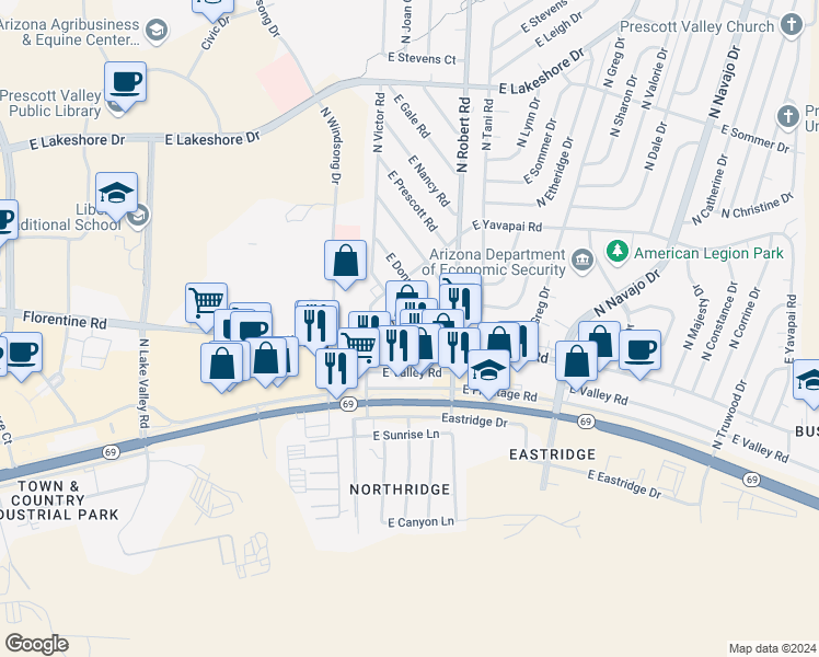 map of restaurants, bars, coffee shops, grocery stores, and more near 8169 East Rosalie Road in Prescott Valley
