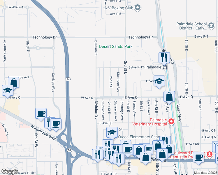 map of restaurants, bars, coffee shops, grocery stores, and more near 38835 2nd Street East in Palmdale