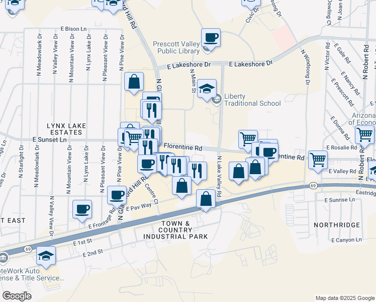 map of restaurants, bars, coffee shops, grocery stores, and more near 7321 Florentine Road in Prescott Valley