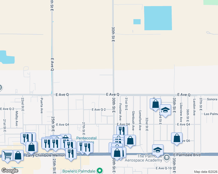 map of restaurants, bars, coffee shops, grocery stores, and more near 38821 30th Street East in Palmdale