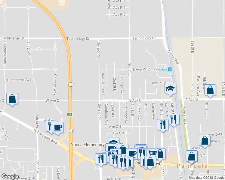 map of restaurants, bars, coffee shops, grocery stores, and more near 38841 2nd Street East in Palmdale