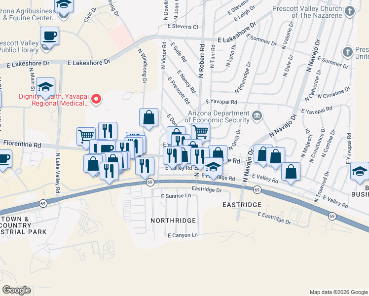 map of restaurants, bars, coffee shops, grocery stores, and more near 8169 East Rosalie Road in Prescott Valley