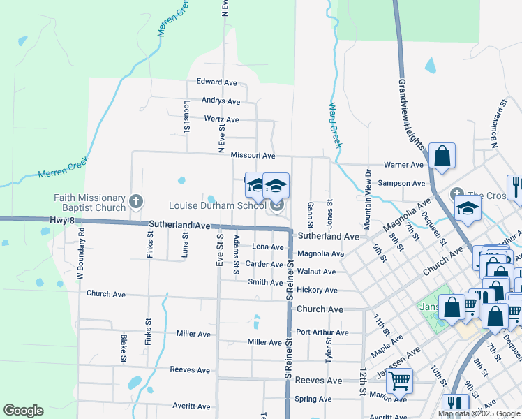 map of restaurants, bars, coffee shops, grocery stores, and more near 111 Polk Street South in Mena