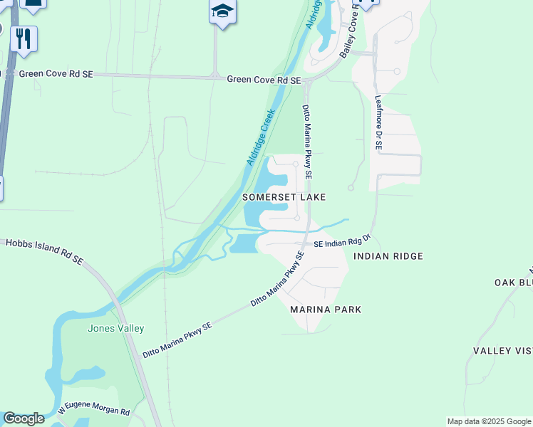 map of restaurants, bars, coffee shops, grocery stores, and more near 16132 Shropshire Drive Southeast in Huntsville