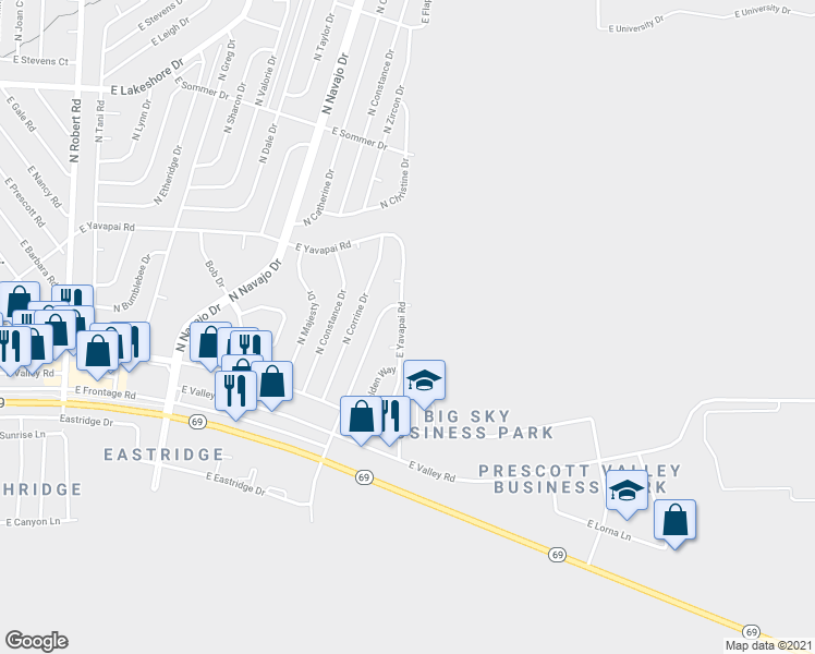 map of restaurants, bars, coffee shops, grocery stores, and more near 3149 N Yavapai Rd E in Prescott Valley