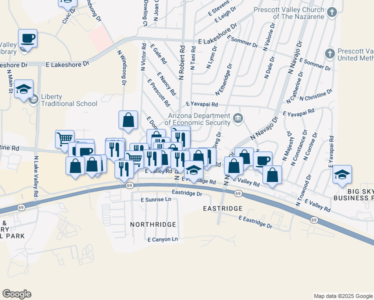 map of restaurants, bars, coffee shops, grocery stores, and more near 3147 North Robert Road in Prescott Valley