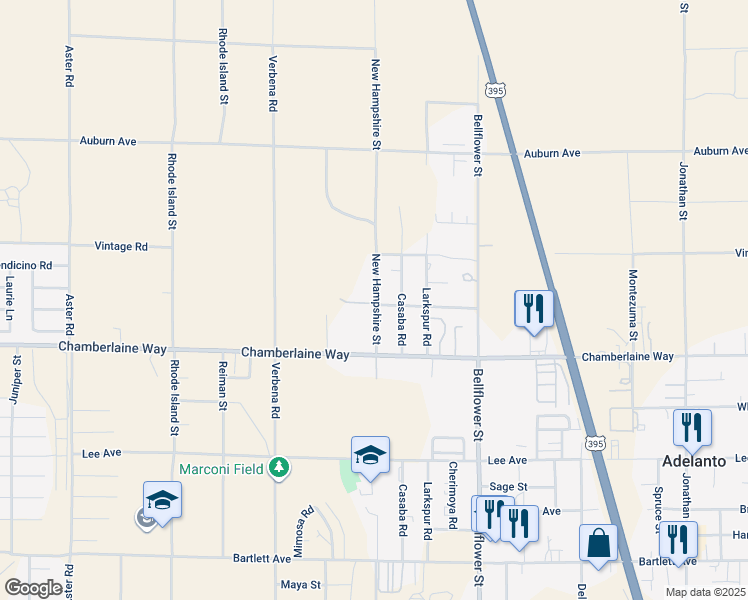 map of restaurants, bars, coffee shops, grocery stores, and more near 18616 New Hampshire Street in Adelanto