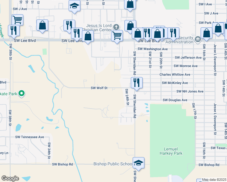 map of restaurants, bars, coffee shops, grocery stores, and more near 2502 Southwest Wolf Street in Lawton