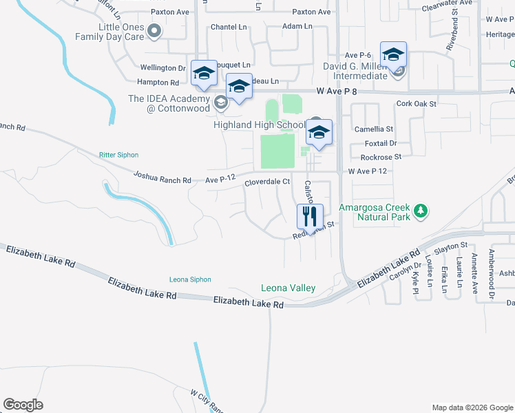 map of restaurants, bars, coffee shops, grocery stores, and more near 38841 Fruitridge Court in Palmdale