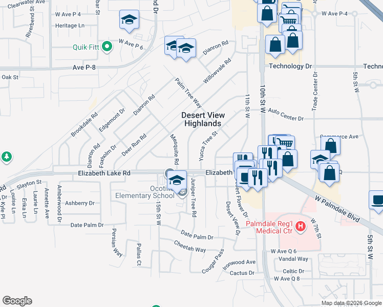map of restaurants, bars, coffee shops, grocery stores, and more near 38838 Juniper Tree Road in Palmdale