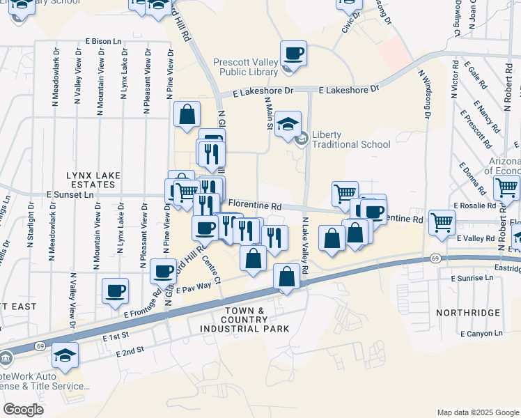 map of restaurants, bars, coffee shops, grocery stores, and more near 3131 Main Street in Prescott Valley