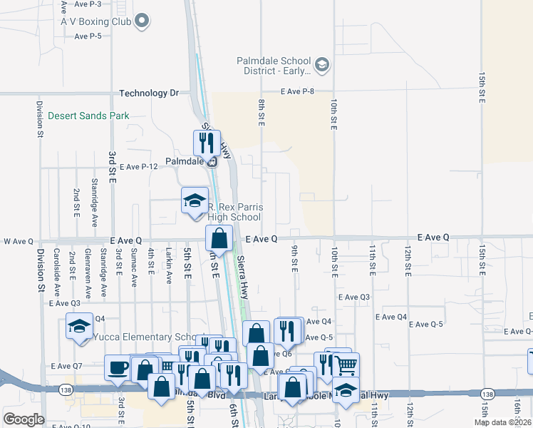 map of restaurants, bars, coffee shops, grocery stores, and more near 38840 8th Street East in Palmdale