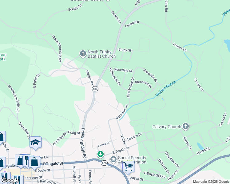 map of restaurants, bars, coffee shops, grocery stores, and more near 60 Ridgeview Heights in Toccoa