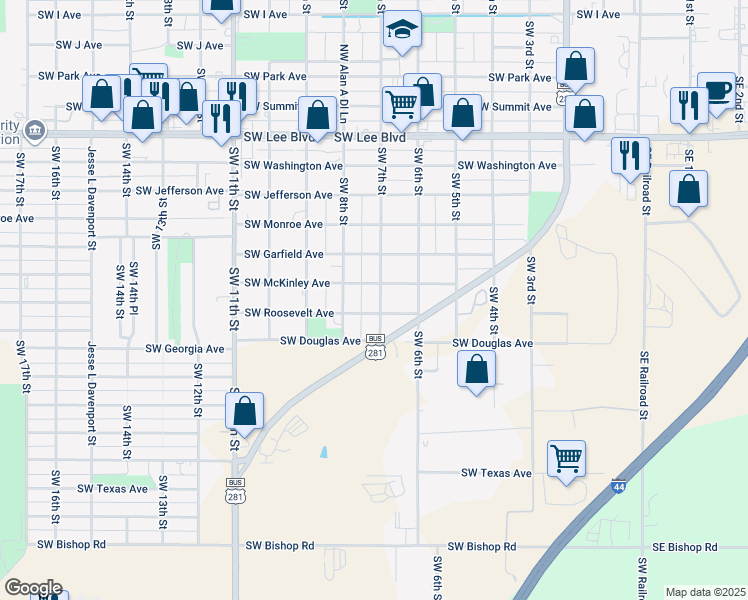 map of restaurants, bars, coffee shops, grocery stores, and more near 1705 Southwest 7th Street in Lawton