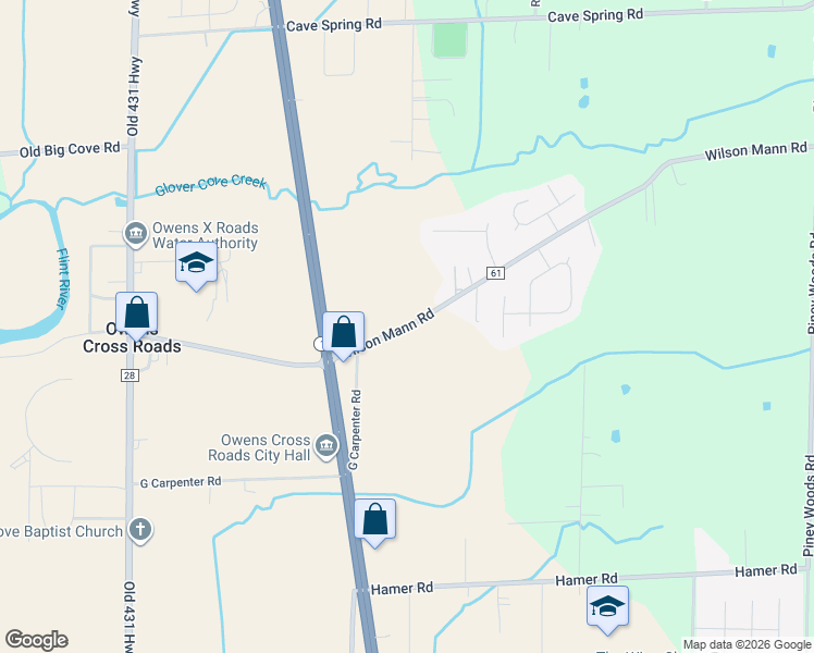 map of restaurants, bars, coffee shops, grocery stores, and more near County Highway 61 in Owens Cross Roads