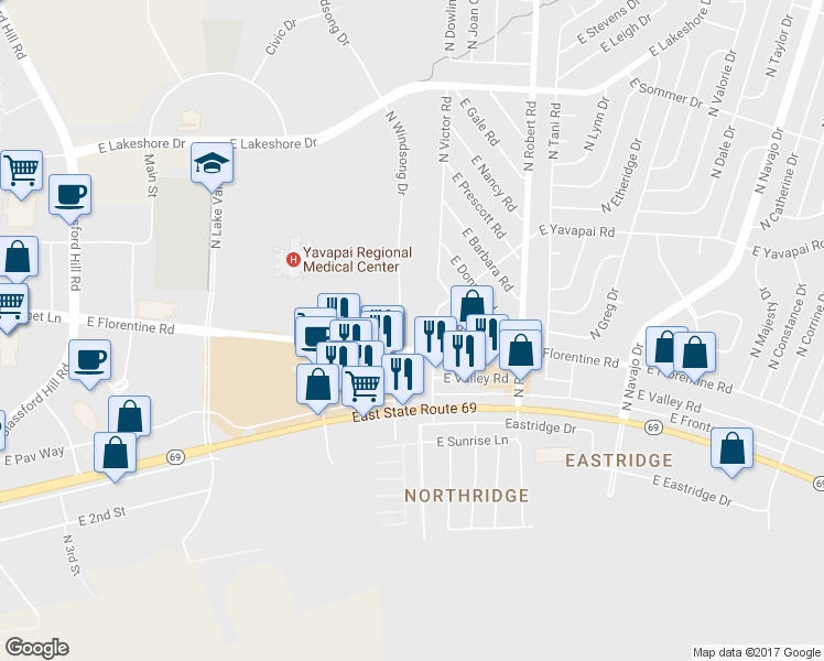 map of restaurants, bars, coffee shops, grocery stores, and more near 3151 North Windsong Drive in Prescott Valley
