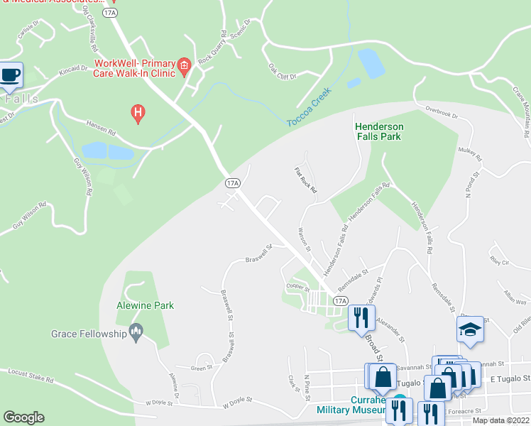 map of restaurants, bars, coffee shops, grocery stores, and more near 17 Greenwood Circle in Toccoa