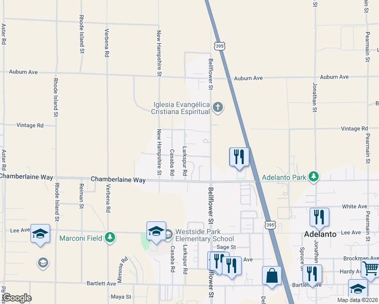 map of restaurants, bars, coffee shops, grocery stores, and more near 11232 Chaparral Avenue in Adelanto