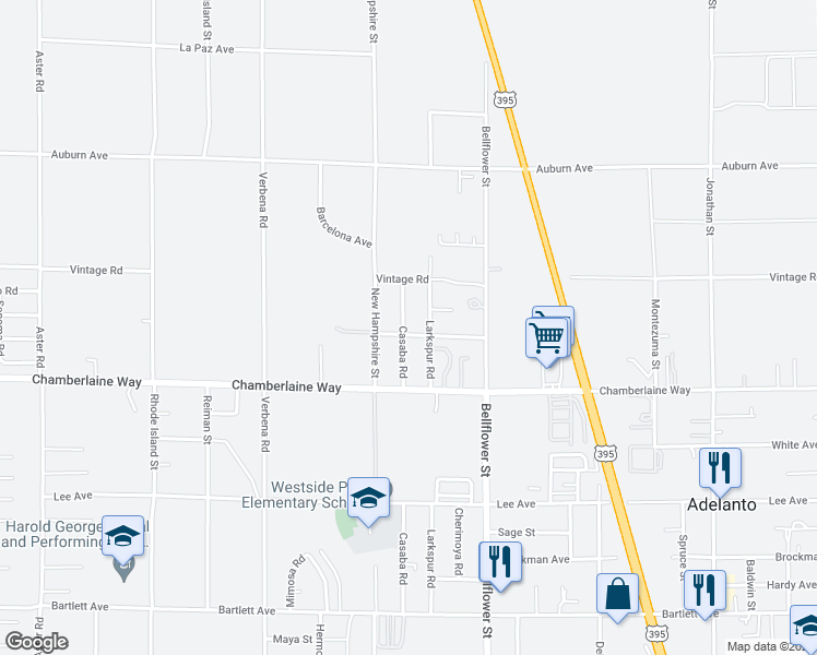 map of restaurants, bars, coffee shops, grocery stores, and more near 11202 Chaparral Avenue in Adelanto