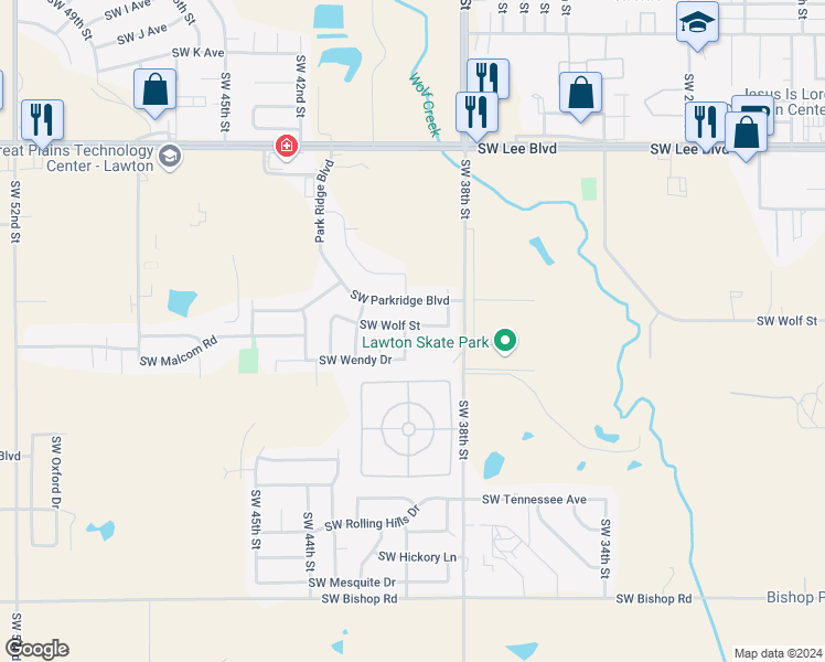 map of restaurants, bars, coffee shops, grocery stores, and more near 3916 Southwest Wolf Street in Lawton