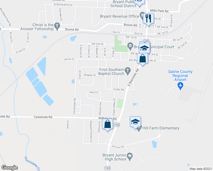 map of restaurants, bars, coffee shops, grocery stores, and more near 707 Sanders Lane in Bryant