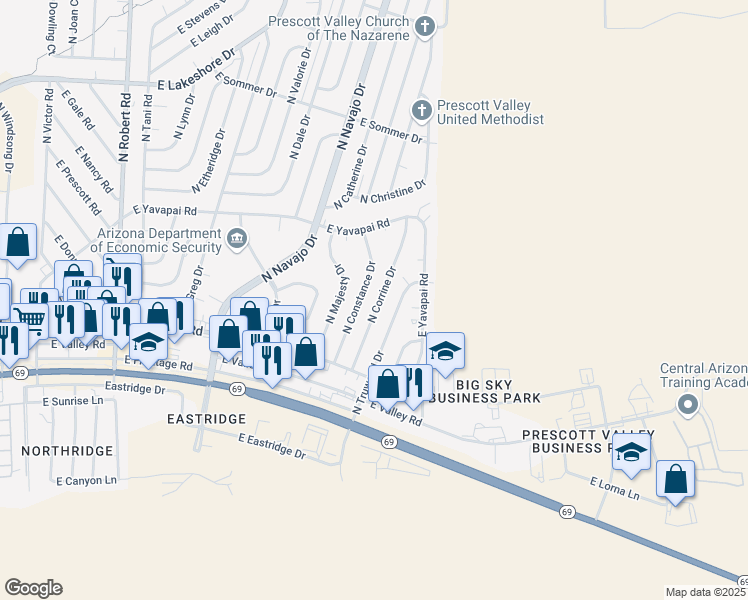 map of restaurants, bars, coffee shops, grocery stores, and more near 3148 North Corrine Drive in Prescott Valley