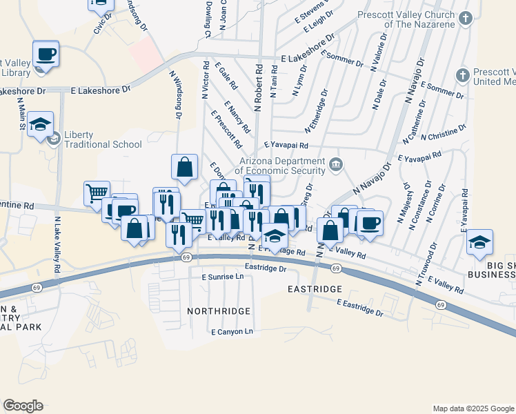 map of restaurants, bars, coffee shops, grocery stores, and more near 3147 North Robert Road in Prescott Valley