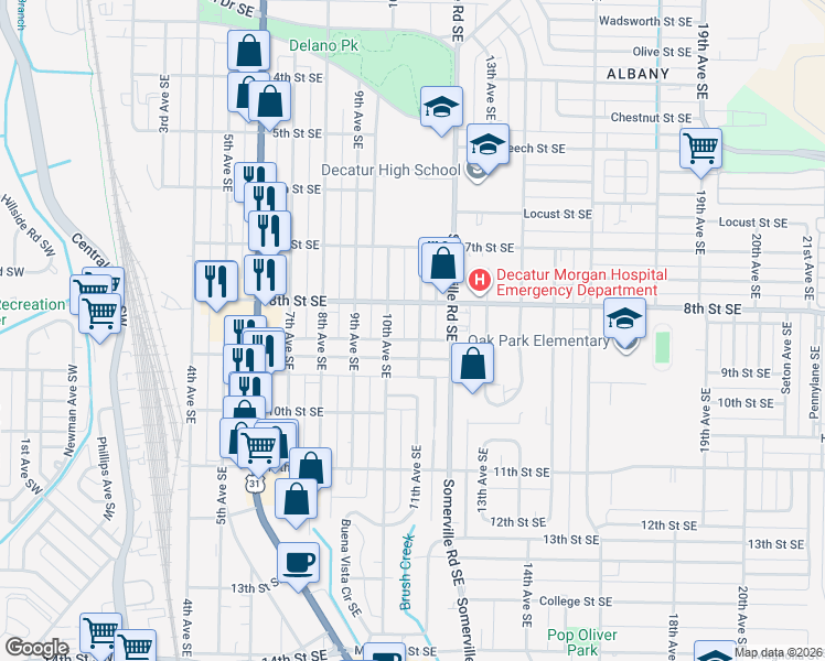 map of restaurants, bars, coffee shops, grocery stores, and more near 1213 11th Avenue Southeast in Decatur