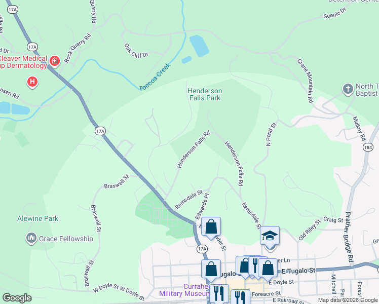 map of restaurants, bars, coffee shops, grocery stores, and more near Henderson Falls Road in Toccoa