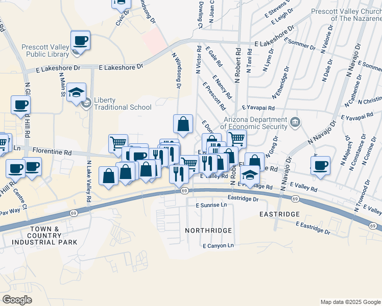 map of restaurants, bars, coffee shops, grocery stores, and more near 3151 North Windsong Drive in Prescott Valley
