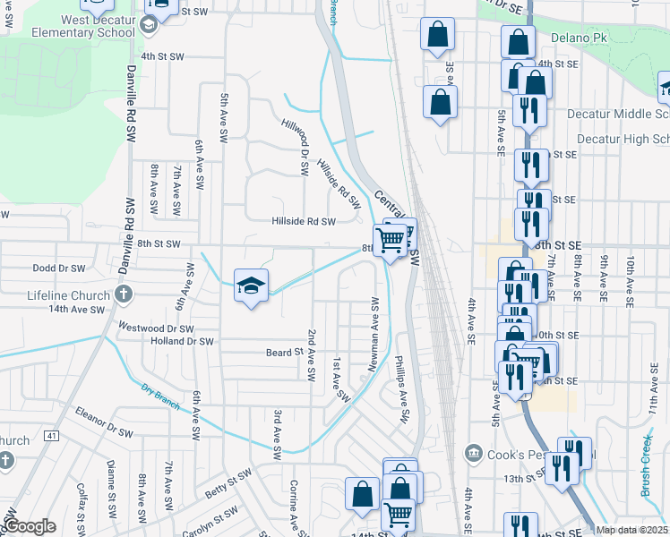 map of restaurants, bars, coffee shops, grocery stores, and more near 116 Blueberry Lane Southwest in Decatur