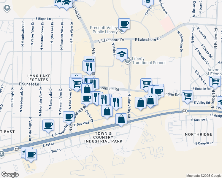 map of restaurants, bars, coffee shops, grocery stores, and more near 7321 Florentine Road in Prescott Valley