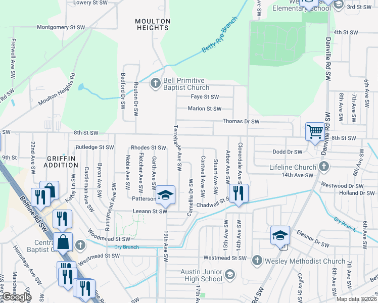 map of restaurants, bars, coffee shops, grocery stores, and more near 1615 Dandridge Street Southwest in Decatur