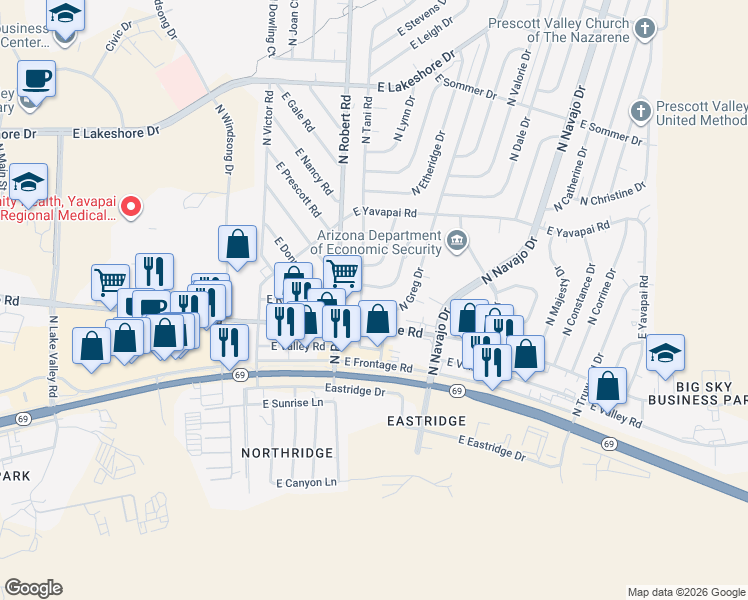 map of restaurants, bars, coffee shops, grocery stores, and more near 3140 North Greg Drive in Prescott Valley