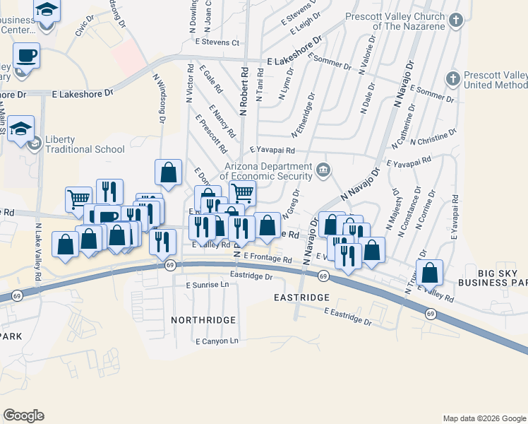 map of restaurants, bars, coffee shops, grocery stores, and more near 3140 North Greg Drive in Prescott Valley