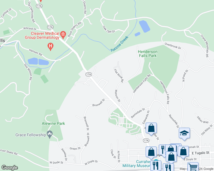 map of restaurants, bars, coffee shops, grocery stores, and more near 17 Greenwood Circle in Toccoa
