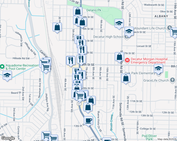 map of restaurants, bars, coffee shops, grocery stores, and more near 1216 7th Avenue Southeast in Decatur