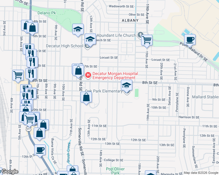 map of restaurants, bars, coffee shops, grocery stores, and more near 1210 15th Avenue Southeast in Decatur