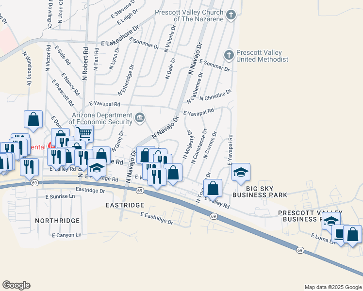 map of restaurants, bars, coffee shops, grocery stores, and more near 8683 East Commons Circle in Prescott Valley