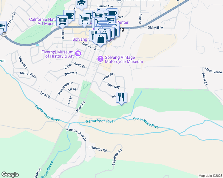 map of restaurants, bars, coffee shops, grocery stores, and more near 1712 Odin Way in Solvang