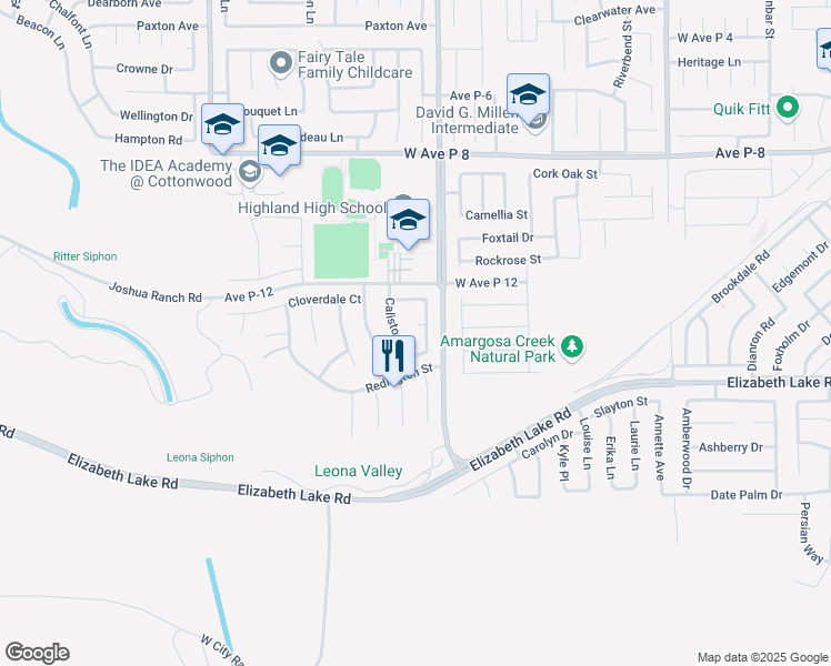 map of restaurants, bars, coffee shops, grocery stores, and more near 2534 Saratoga Court in Palmdale