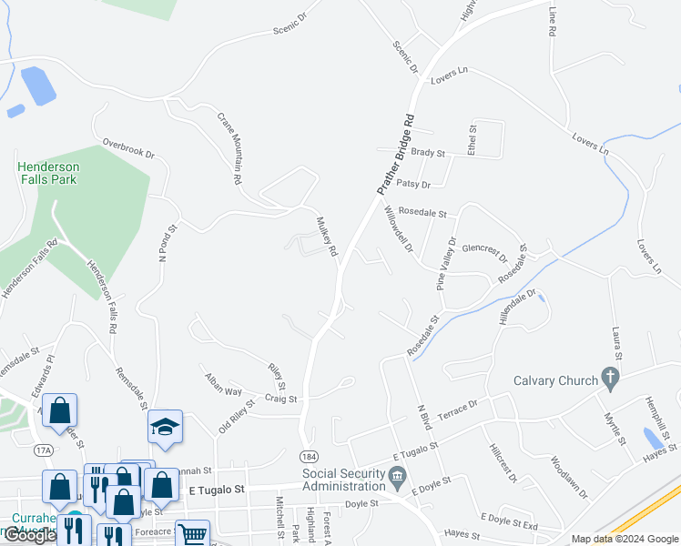 map of restaurants, bars, coffee shops, grocery stores, and more near 1 Mulkey Road in Toccoa