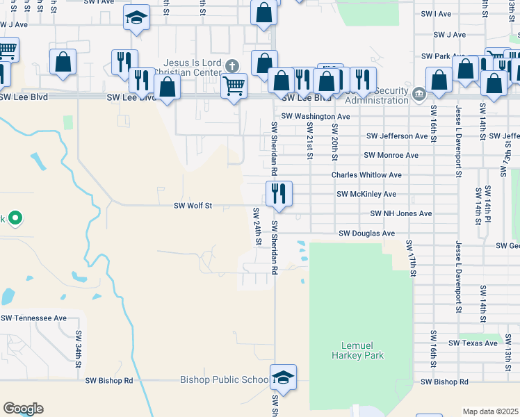 map of restaurants, bars, coffee shops, grocery stores, and more near 1869-1899 Southwest Sheridan Road in Lawton
