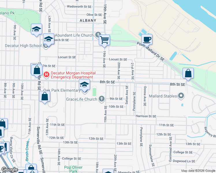 map of restaurants, bars, coffee shops, grocery stores, and more near 1206 19th Avenue Southeast in Decatur